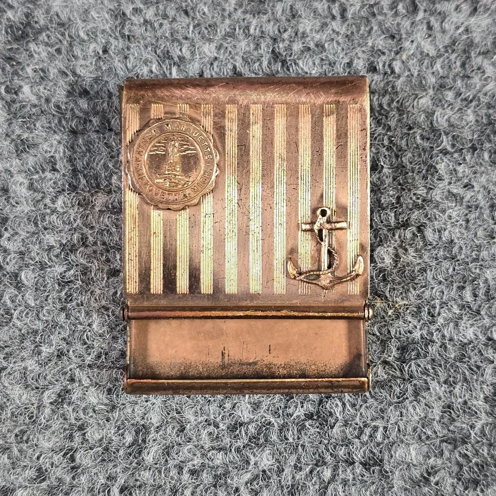 Vintage Copper Match Safe Holder Father Marquette Marquette Michigan Anchor